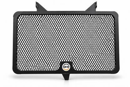 Heavy-duty black metal radiator guard for Kawasaki Z900 by Asco Motors, featuring durable mesh for protection and style.