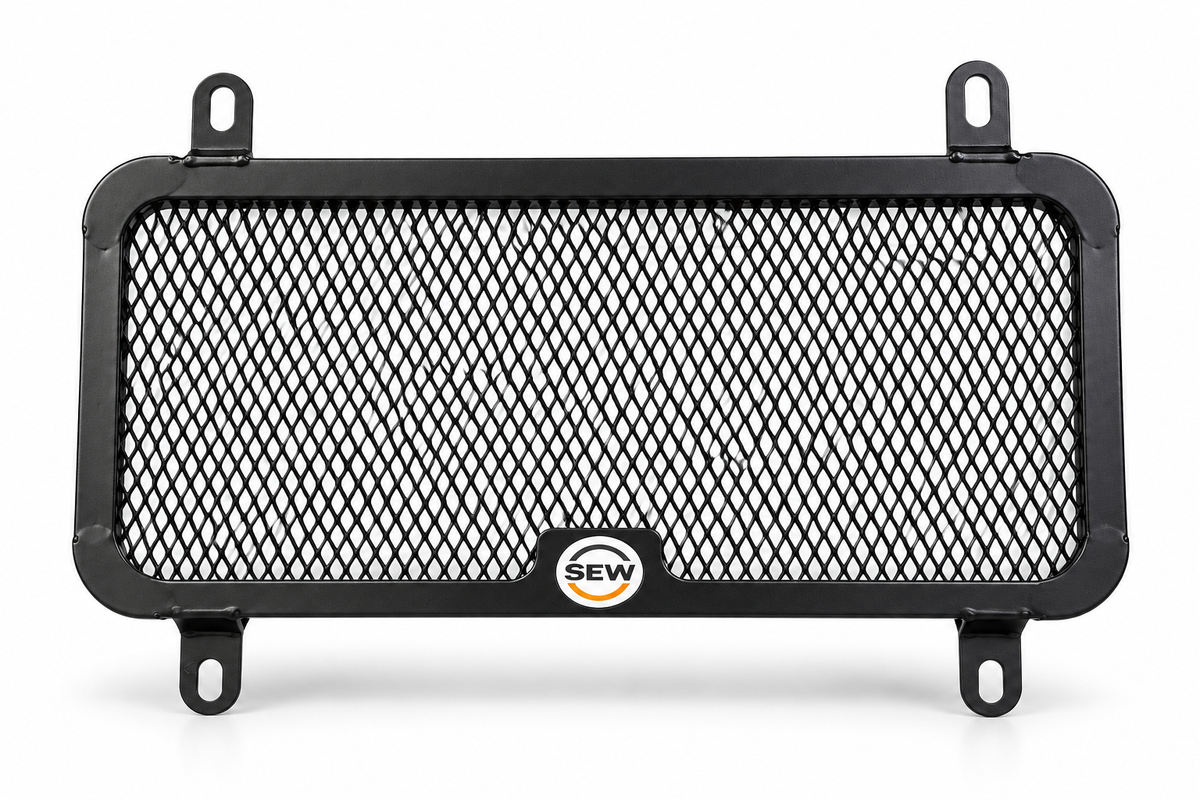 Heavy-duty black metal radiator guard for Kawasaki Ninja 300 by Asco Motors, providing protection with a durable mesh grill.