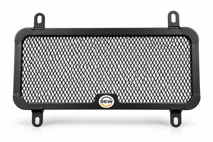 Heavy-duty black metal radiator guard for Kawasaki Ninja 300 by Asco Motors, providing protection with a durable mesh grill.