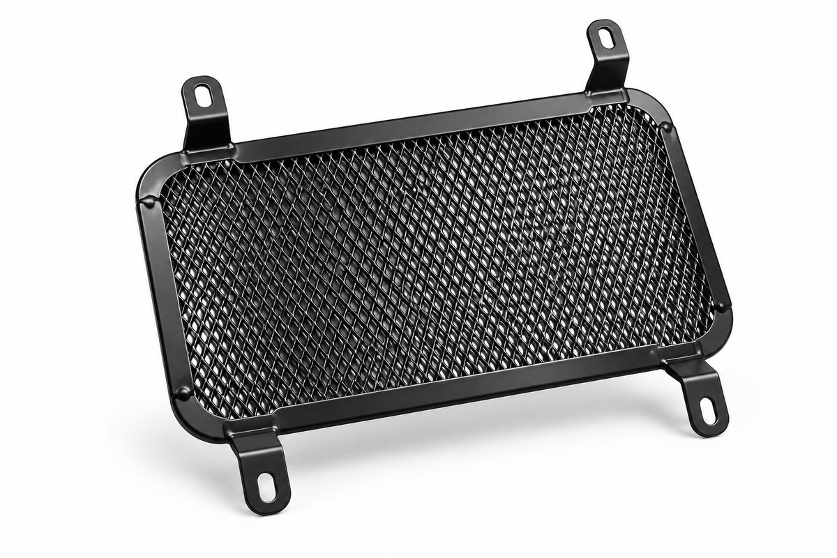 Heavy-duty black metal radiator guard for Kawasaki Ninja 300 by Asco Motors, designed for radiator protection with mesh grill.