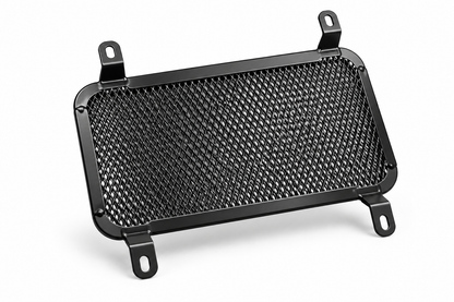 Heavy-duty black metal radiator guard for Kawasaki Ninja 300 by Asco Motors, designed for radiator protection with mesh grill.