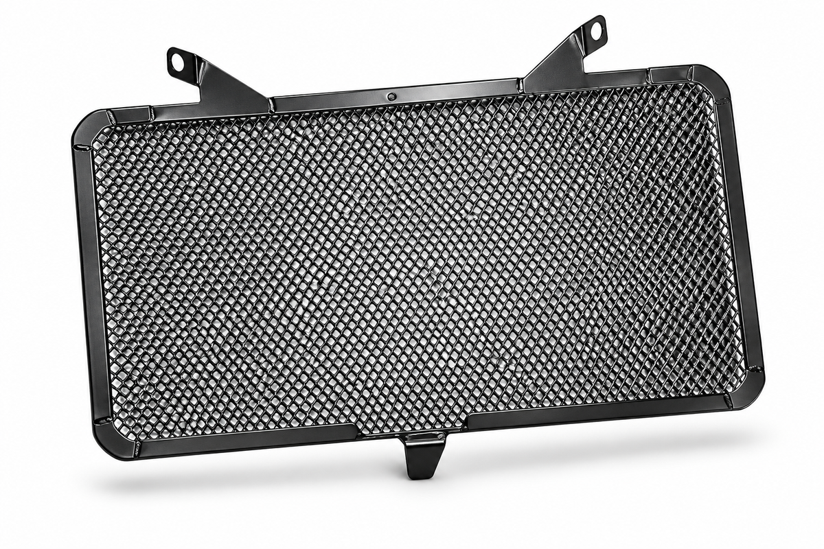 Heavy-duty black metal radiator guard for Kawasaki Z900 by Asco Motors, featuring a durable mesh design for protection.