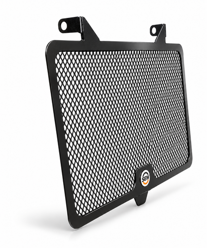 Heavy-duty black metal radiator guard for Kawasaki Z900 motorcycle, designed by Asco Motors for protection and style.